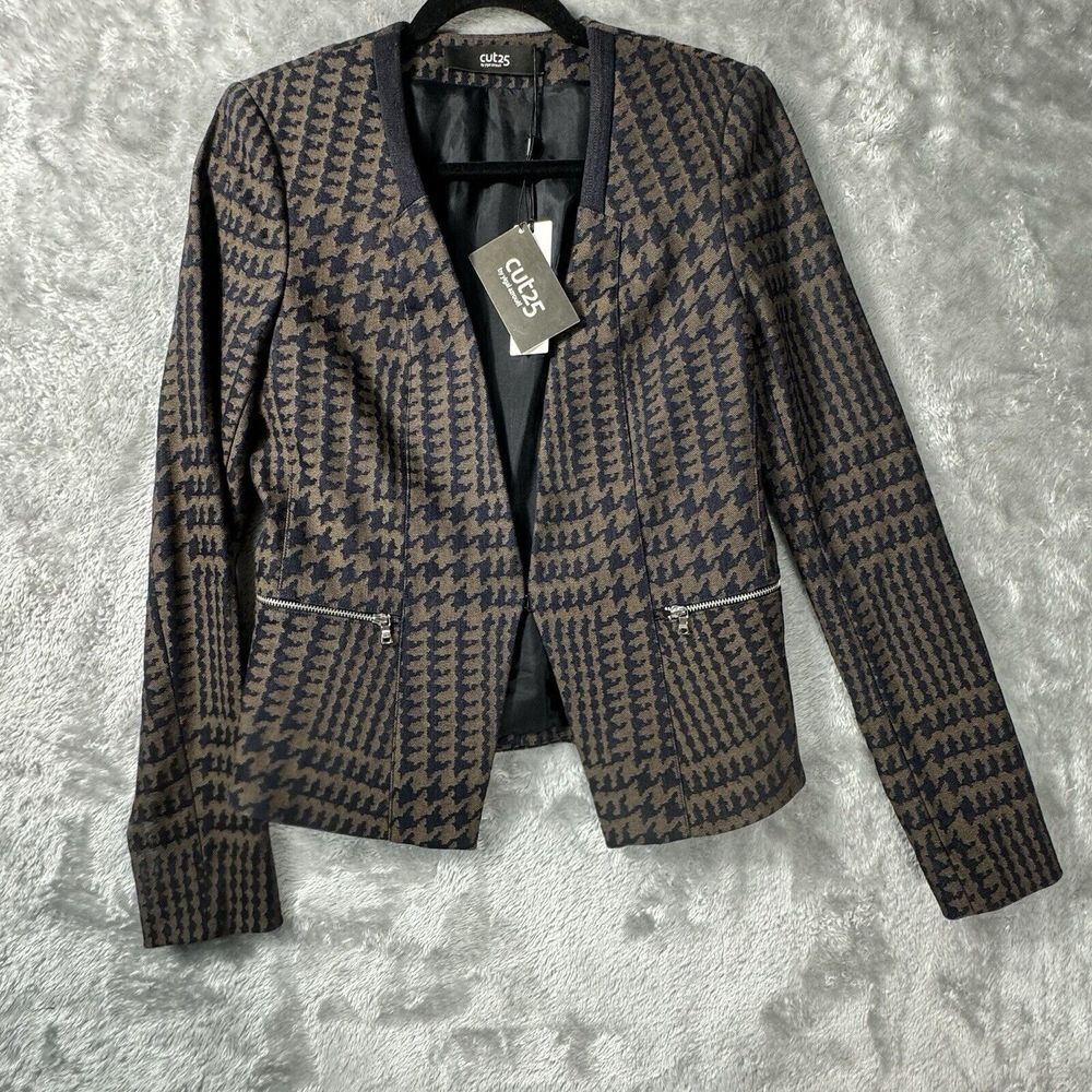 Cut 25 Yigal Azrouel Blazer Womens 6 Brown Black Houndstooth Jacket Zip‎ Pocket